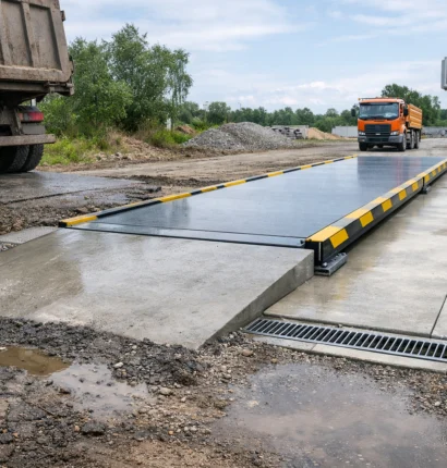 Waga najazdowa zamontowana na stabilnym podłożu betonowym z odwodnieniem – przykład prawidłowej instalacji