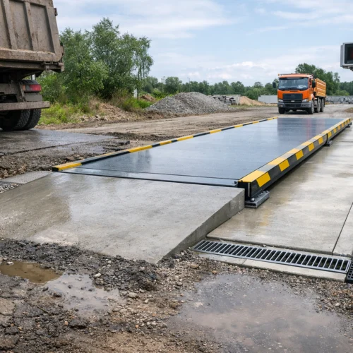 Waga najazdowa zamontowana na stabilnym podłożu betonowym z odwodnieniem – przykład prawidłowej instalacji