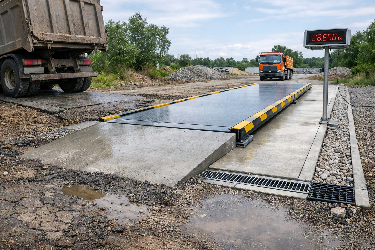 Waga najazdowa zamontowana na stabilnym podłożu betonowym z odwodnieniem – przykład prawidłowej instalacji